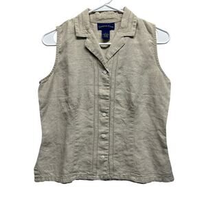 Vintage Charter Club 100% Linen Sleeveless Button Front Top Beige Neutral Size 6